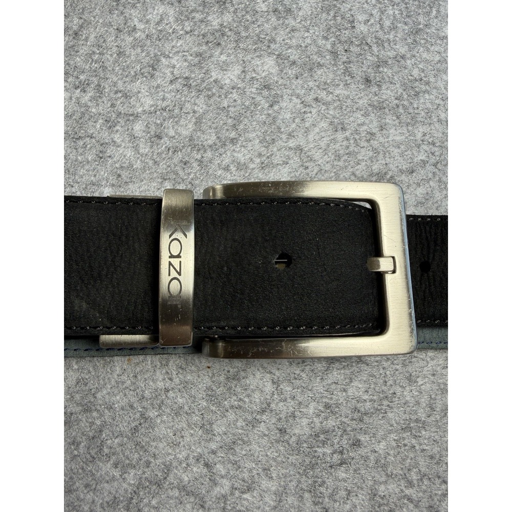 Kazar Mens Size 45‎ Reversible Nubuck Leather Belt Black Gray Silver Buckle